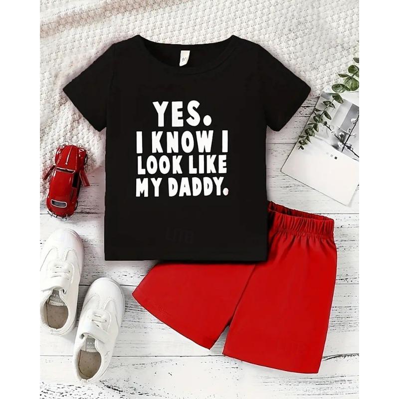 

2 Pieces Kids Boys Suit T-shirt & Shorts Outfit Letter Short Sleeve Crewneck Set Outdoor Sports Fashion Summer 4 years+ Black White Red 150cm