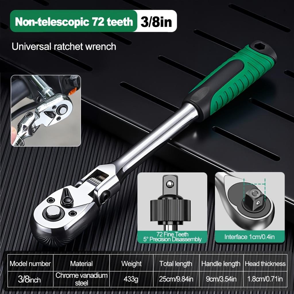 72-Tooth Ratchet Wrench Set, Chrome Vanadium Steel, Automatic Two-Way Mechanism, Stretchable, Ergonomic Grip, with Quick Socket