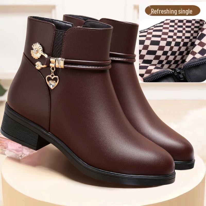 Women's Mid-Aged & Elderly Low Heel Soft Sole Cotton Shoes with Plus Velvet Warm Lining