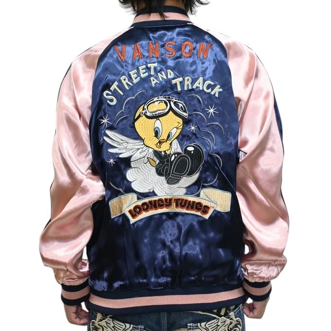 Looney Tunes Sukajan Souvenir Jacket Wile Coyote Tweety [Banson] LTV-2504 E. Men's (JP, Alphabet, 2XL, Black)
