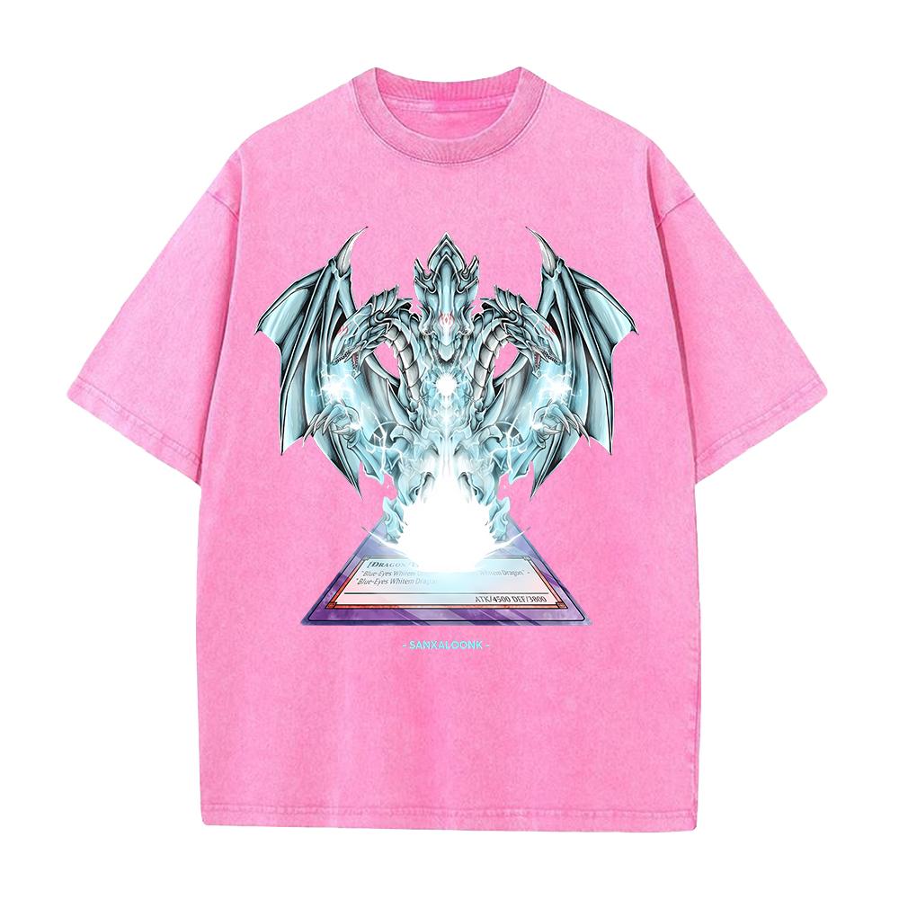 Anime YuGiOh Tshirt BlueEyes White Dragon Washed Yk T Shirt Mens Clothing Summer Short Sleeve Loose Cotton Soft Tees Tops