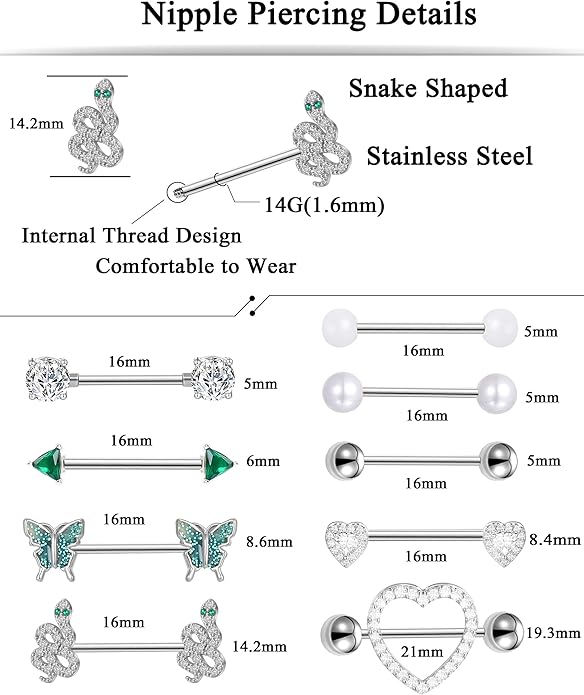 9Pairs Nipple Rings 14G Stainless Steel Heart Butterfly Snake Ball Emerald Triangle CZ Barbell Tongue Rings Set 16mm Silver Tone