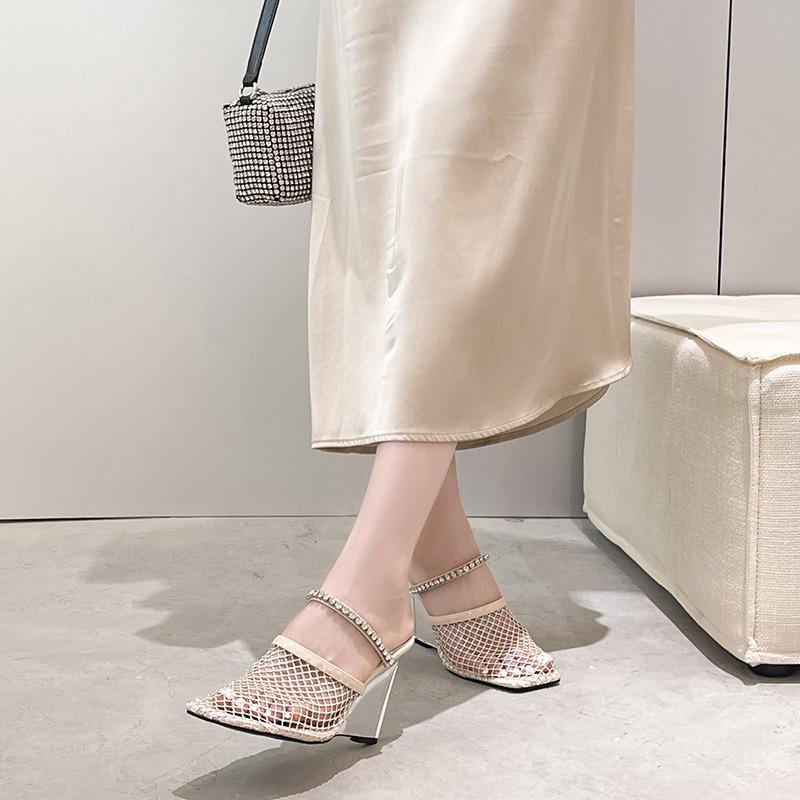 Wedge heel half drag women's shoes autumn new mesh rhinestone crystal wear square head high heel cool slippers