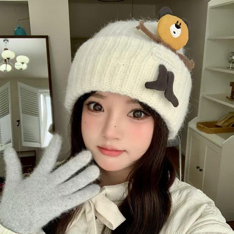 Japanese style Cute Bear Knitted Hat Girls' Autumn and Winter Student Warm Ear Protecting Woolen Hat Headscarf Cold Proof Hat
