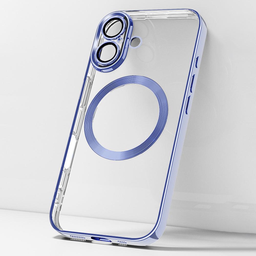 

For iPhone 16 Case Electroplating Anti-Drop TPU Clear Phone Cover with Lens Film Compatible with MagSafe Blue