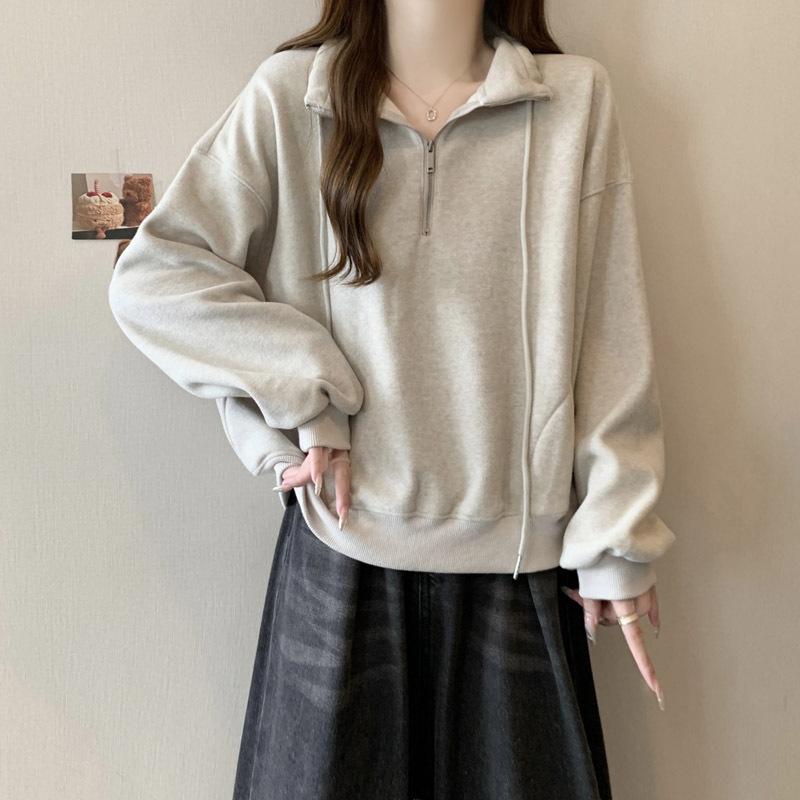 Women Solid Color Loose Half Zip Stand Collar Cropped Thin Casual Sweatshirt
