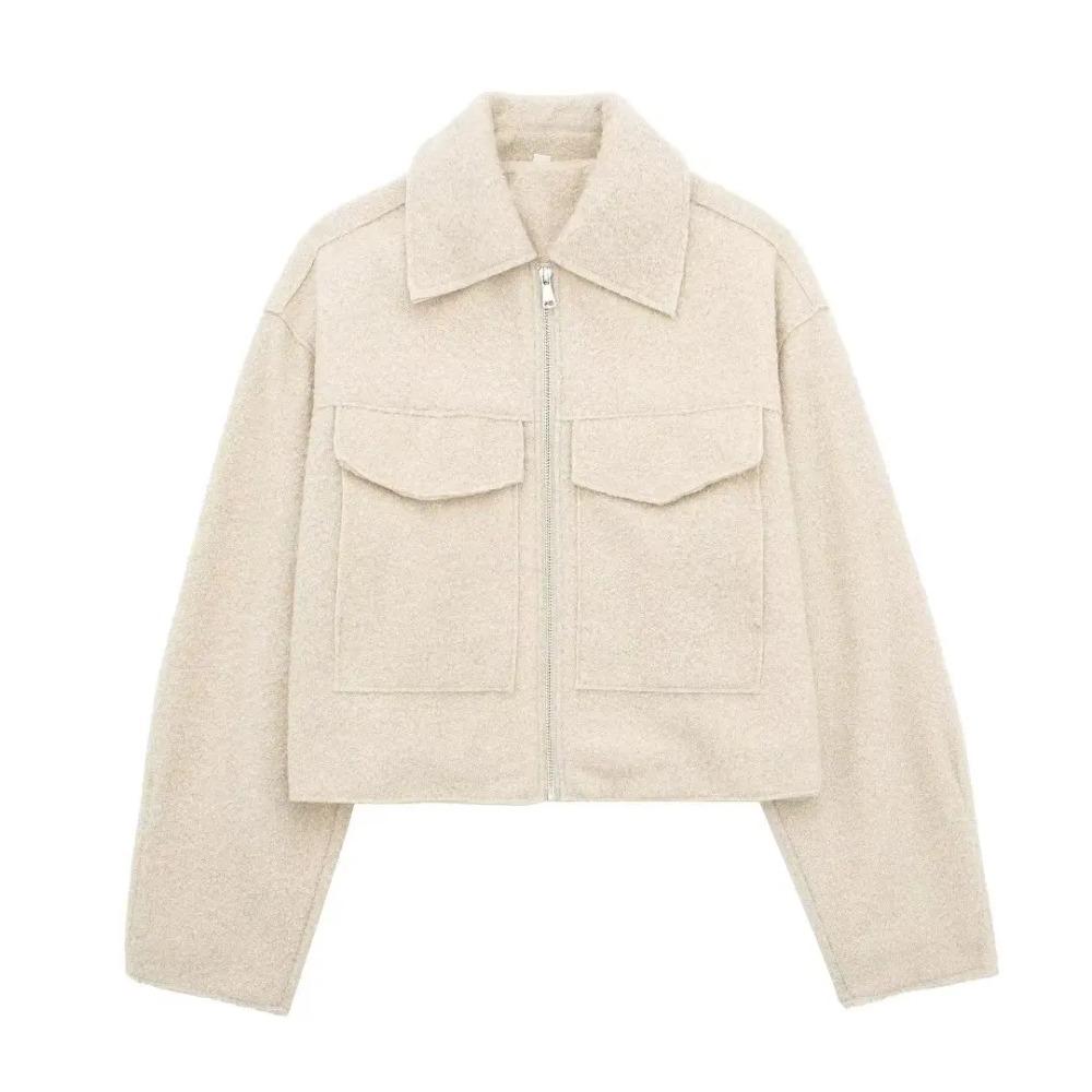 \Women Fashion with Pockets Grey Front Zipper Jackets Vintage Lapel Neck Long Sleeves Female Chic Lady Outfits
