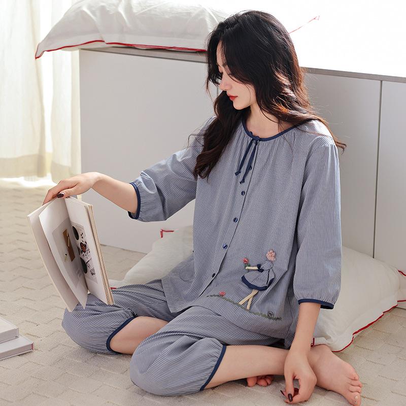 Pajamas women's summer woven pure cotton seven-quarter sleeve gauze cotton thin middle-aged mother spring and autumn loungewear suit