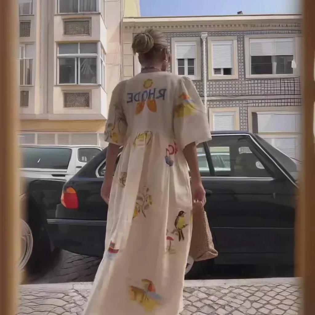 Bedrucktes Kleid mit V-Ausschnitt und kurzen Ärmeln – Frühjahr/Sommer 2024, europäischer und amerikanischer Stil