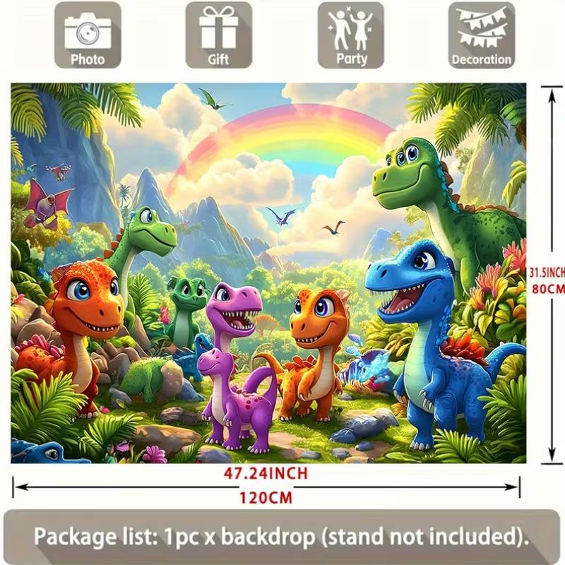 Polyester Cartoon Dinosaur Backdrop, Rainbow Jungle Kids Party Background Banner for Birthday & Baby Shower