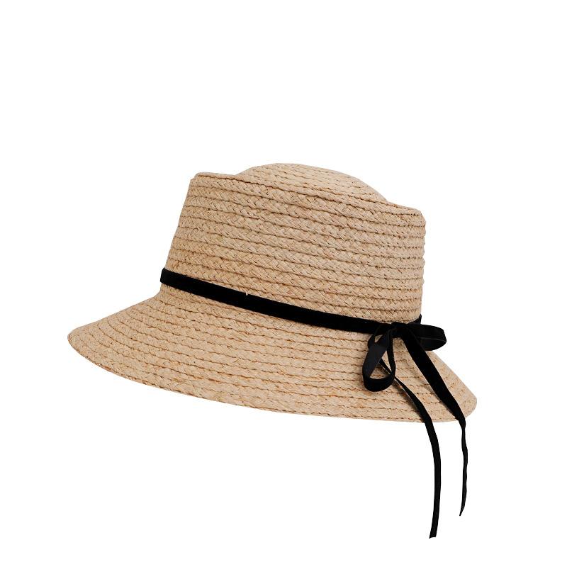 Natural raffia woven straw hat women's French sweet bow concave top wide brim sunshade bucket hat basin hat