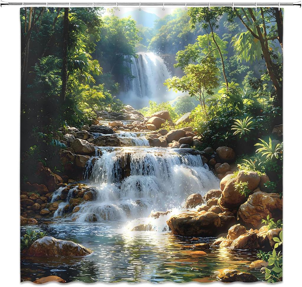 Waterfall Shower Curtain Forest Waterfall Nature Scenery Green Tree Outdoor Landscape Tropical Jungle Rainforest Fabric Bathroom