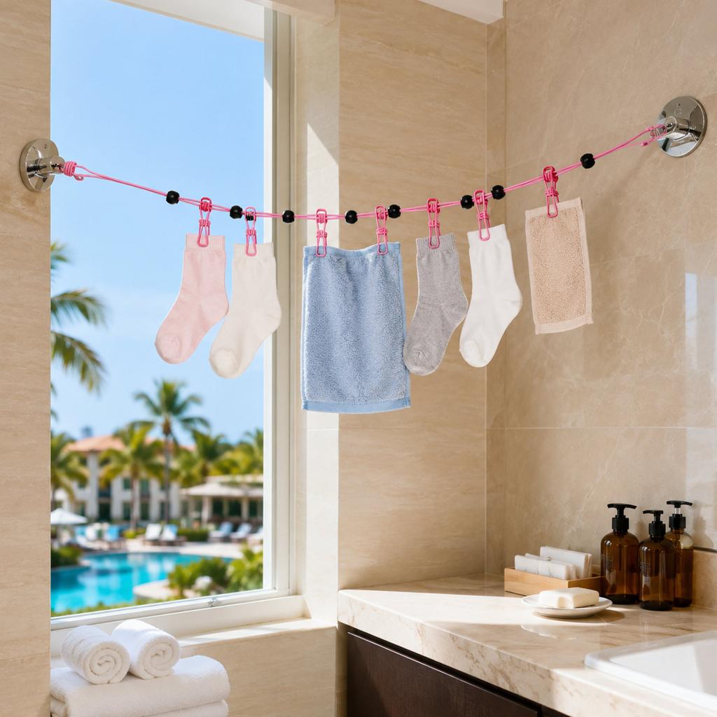 Portable Travel Clothesline with Hooks and Clips 1 8 Meters Length Adjustable Hanging Rope for Outdoor Indoor Use