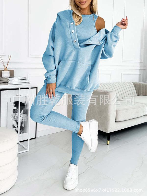 1116 European and American new women's clothing sports and leisure hooded pocket sweater threaded slim trousers set