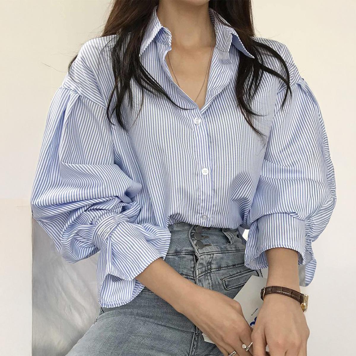 

Women s Striped Shirt Puff Long Sleeve Button Down Casual Blouse S синій