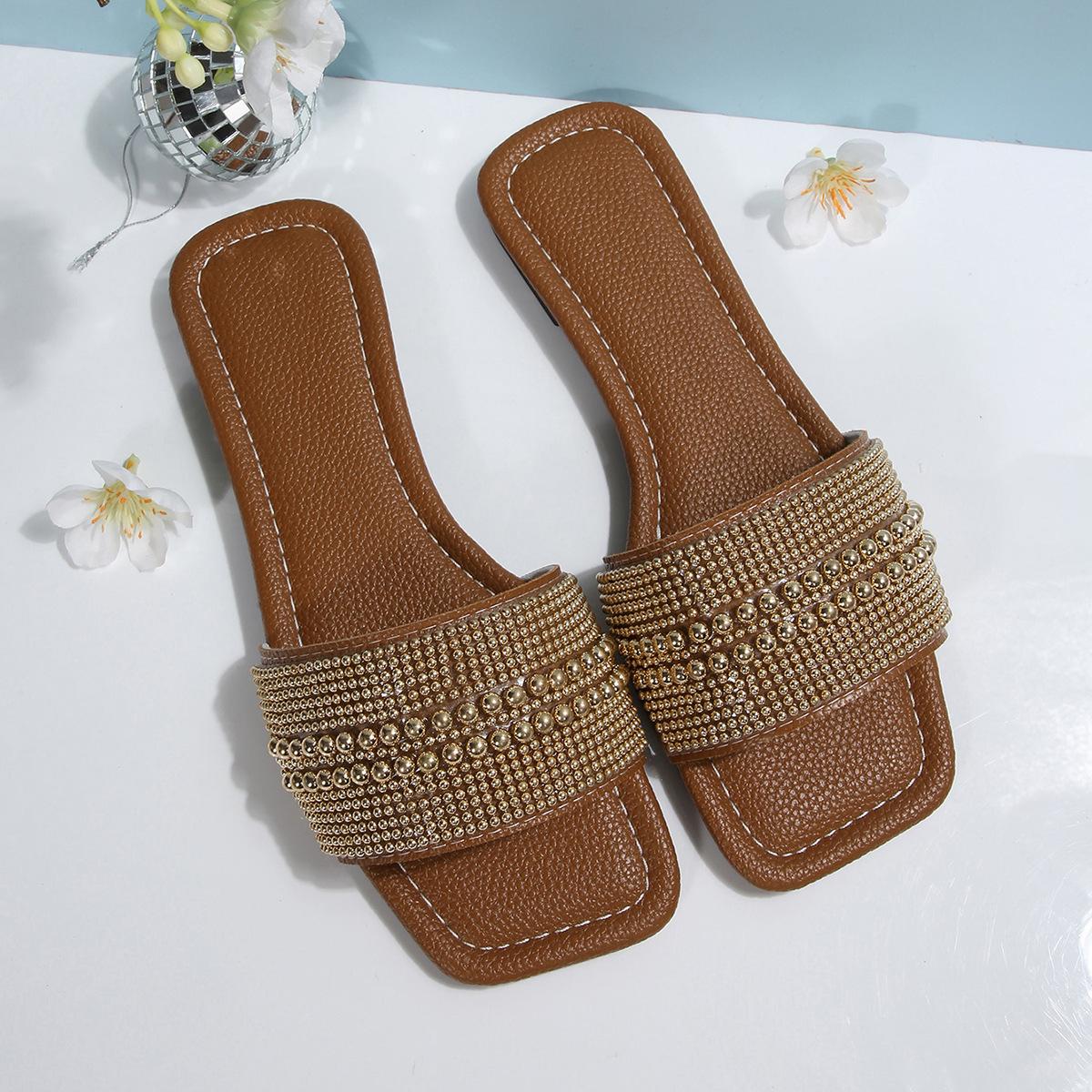 

[Foreign Trade] French Xiaoxiangfeng Pearl One-word Slippers Women s Versatile Outer Wear Beach Soft Bottom Cool Slippers Women 43 коричневый