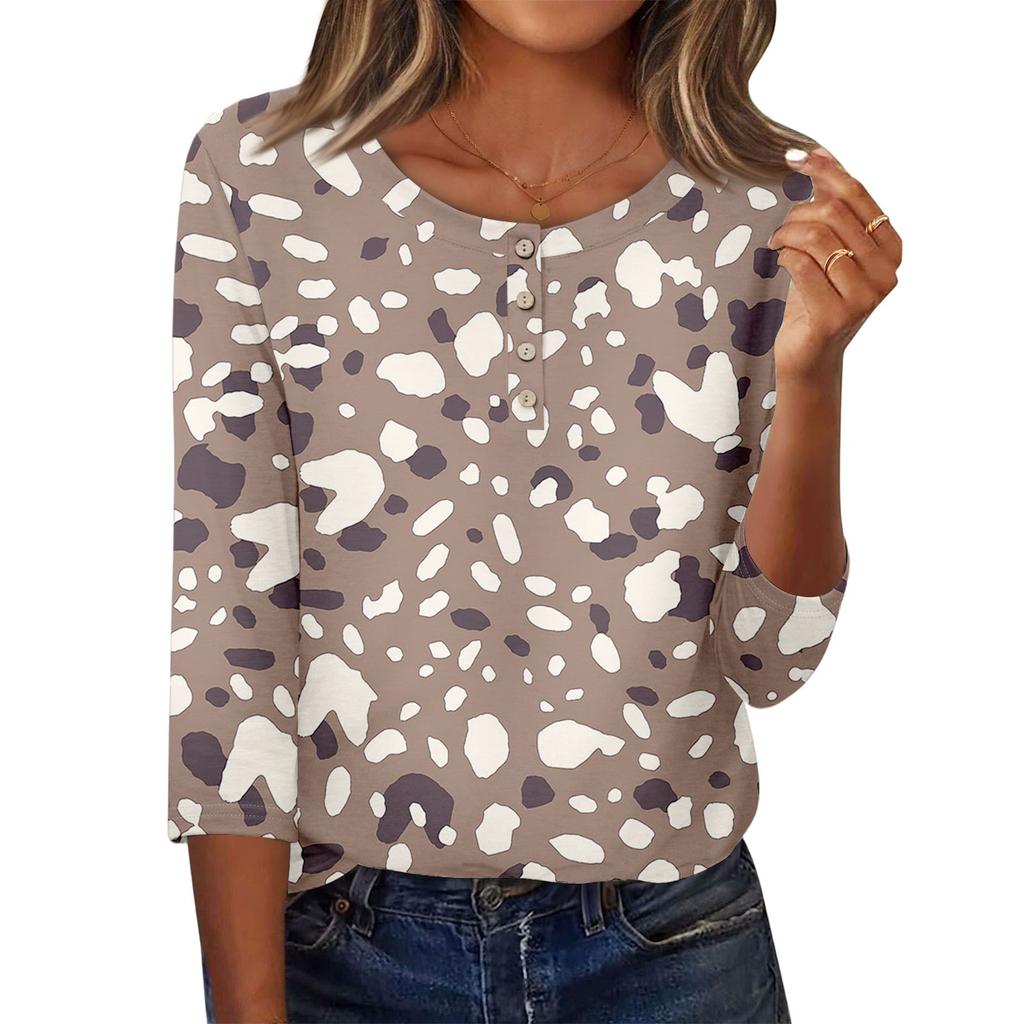 3/4 Sleeve Shirts For Women Button Down Shirt Top For Women Half Button Down Print Graphic Blouse