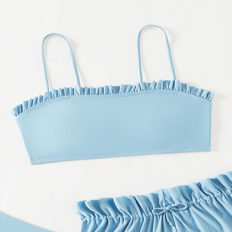 2024 Girls' Solid Color Bandeau Swimsuit Set - 3-Piece Sporty Separates