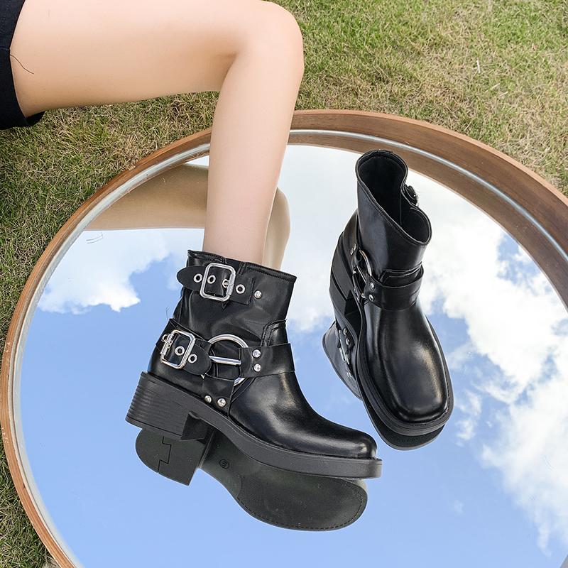 Fashion Vintage Woman Western Cowgirl Boot Fashion Belt Buckle Short Booties Autumn Winter Thick Heel Girl Shoes
