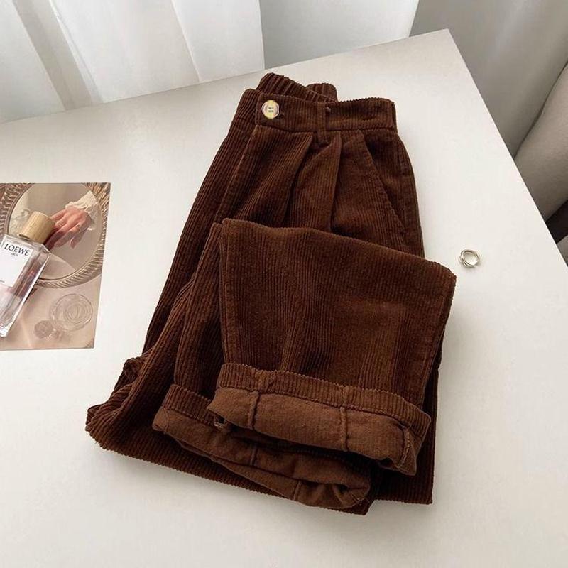 Retro cordfløyelbukser med høy midje Kvinner Vår Høst Rett Uformell bukser i full lengde Koreansk mote Baggy All Match Black Pant Plus Size