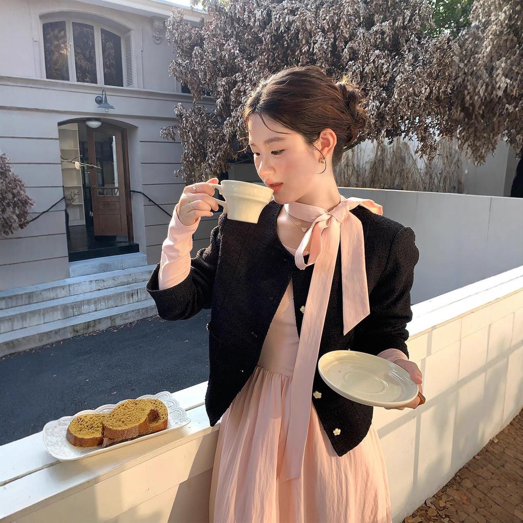 Temperament sweet streamer pink long-sleeved dress women's autumn and winter elegant and gentle Kochi wear bottom medium and long dress