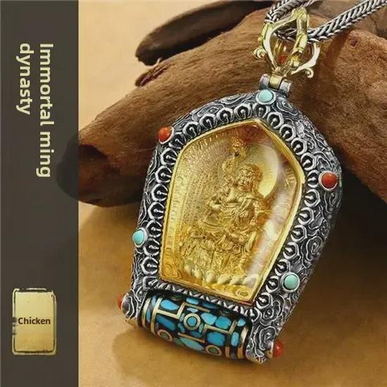Guardian God Buddha Dzi Bead Pendant Necklace: Wealth God's Green Tara for Men and Women