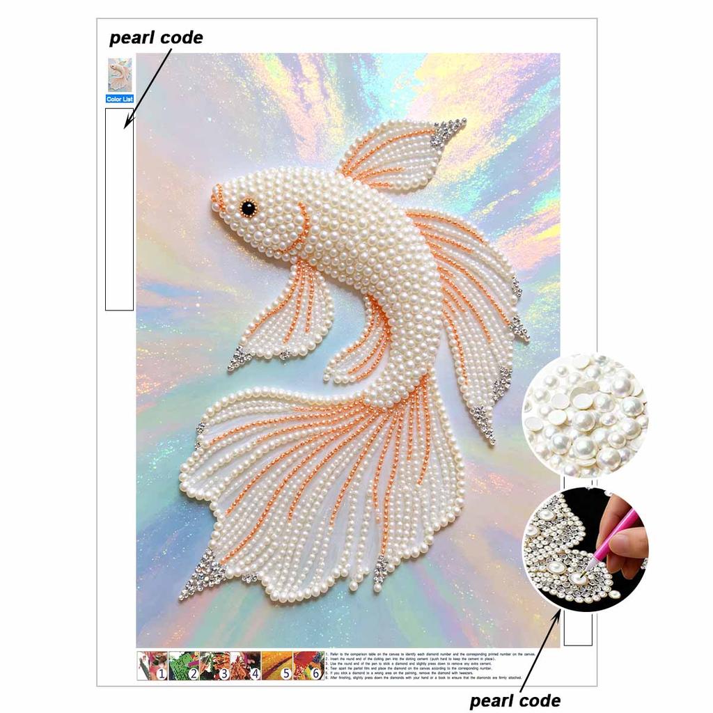 Pearl Painting Art Painting Kit for Adults and Beginners, Elegant White Betta Fish Sparkling Painting Craft Home Wall Decor Handmade Gift