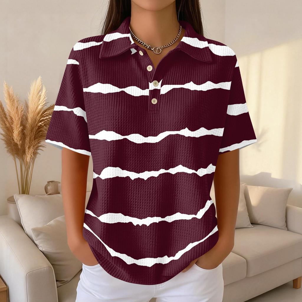 Women's Casual Short Sleeve Polo Shirt Waffle Texture Button Down Collar Top with Horizontal Stripes Pattern Suitable for Daily Wear