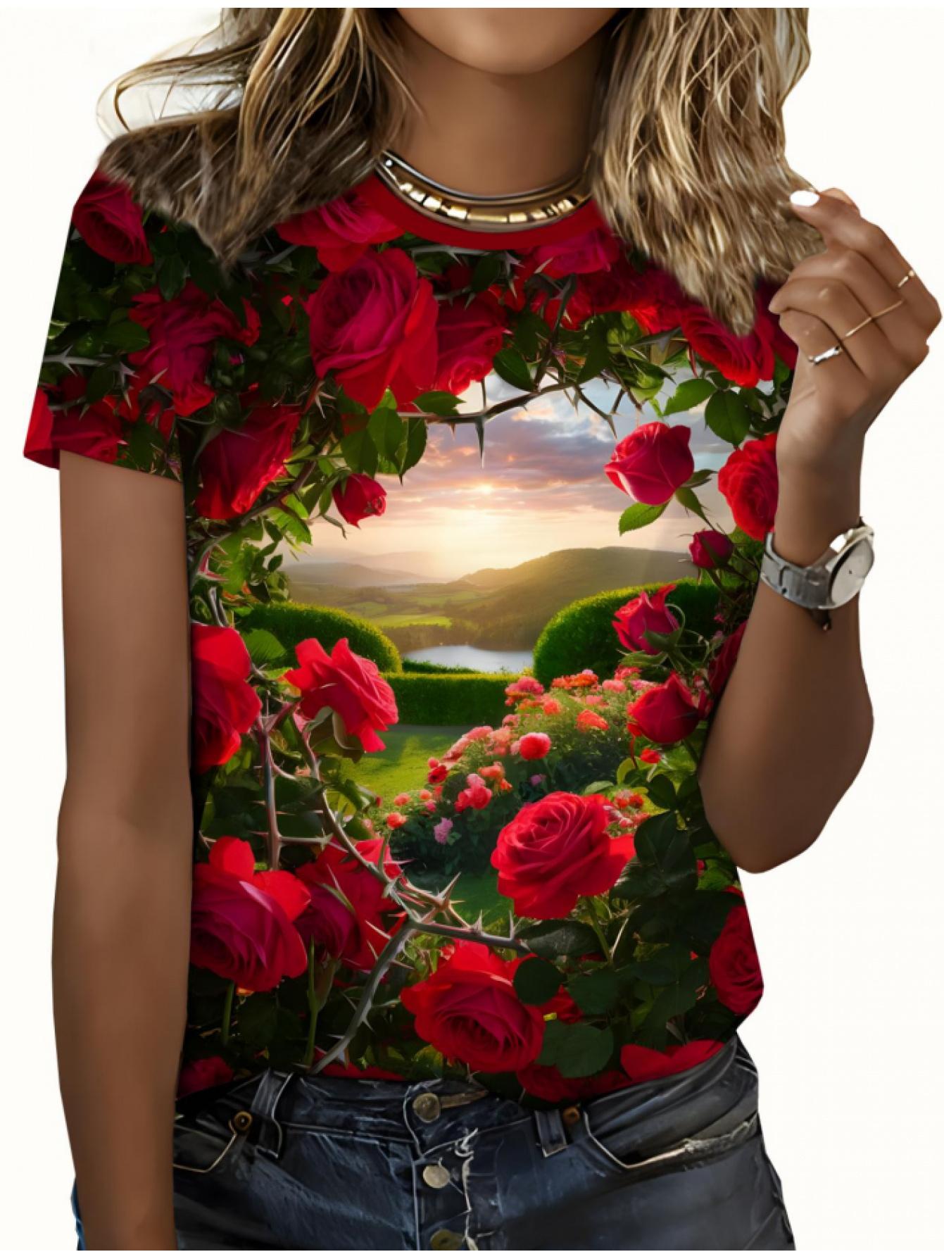 

[Printed Design-Not Textured][Printed Design-NotTextured] Valentine s Day Red Rose and Thorn Surrounded Secret Garden Full-Short-Sleeve Women s T-with 3XL дубильная кора