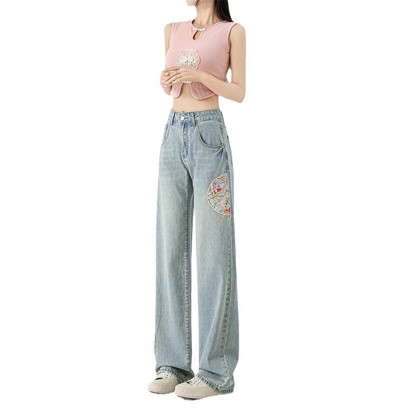 2025 Summer Women's High-Waist Wide-Leg Jeans with Embroidered Chinese Style