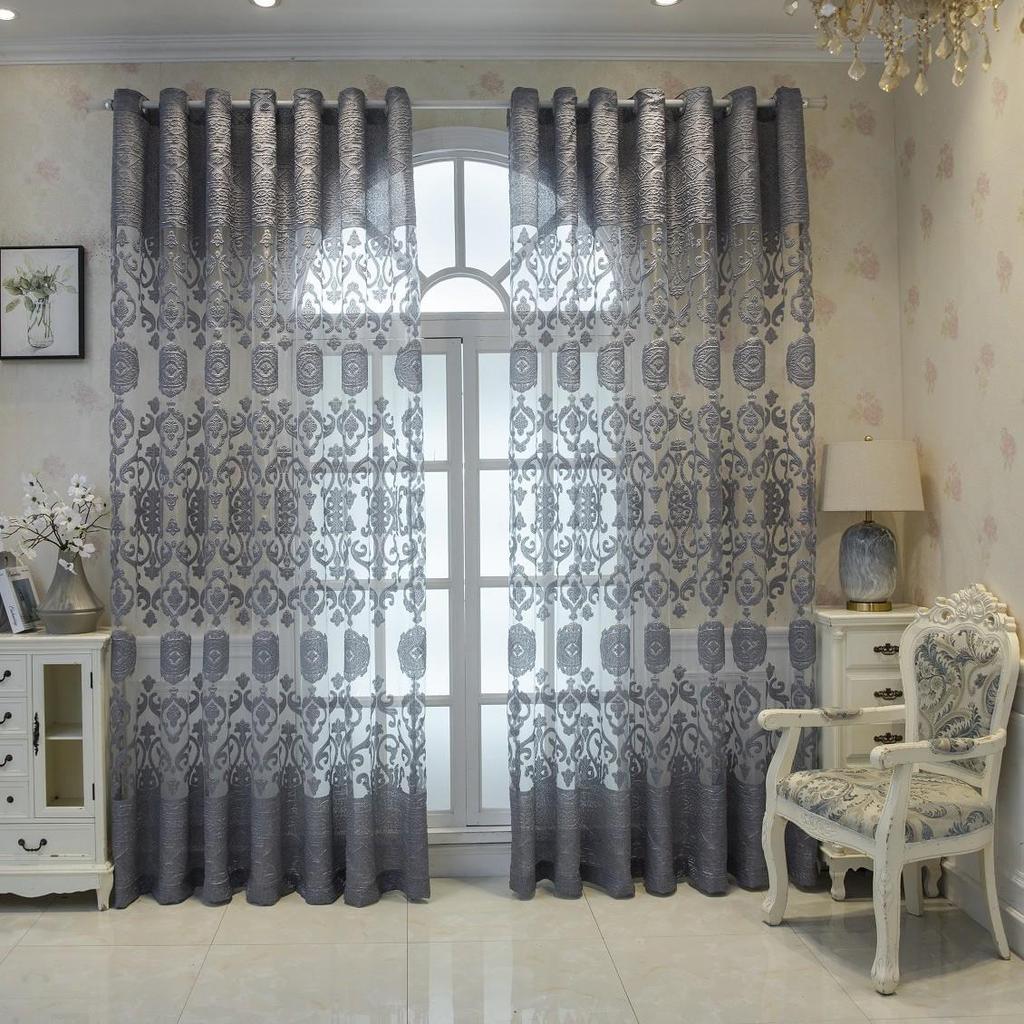 Cross French Retro Gray Sheer Curtains, 3D Jacquard Semi-Transparent Window Screens for Villa Bedroom, Rod Pocket Style