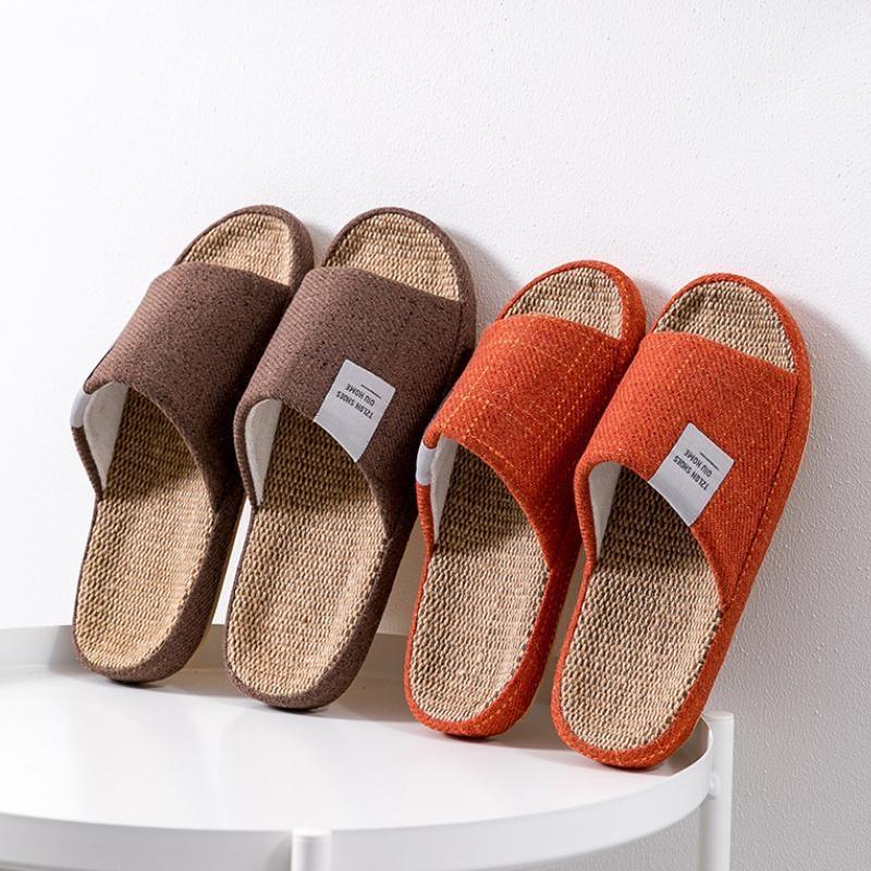 Fashion  Women Men Indoor Slipper Anti-slip Lovers House Floor Shoes Soft Ladies Summer Home Slides Breathable Flax Slippers 44