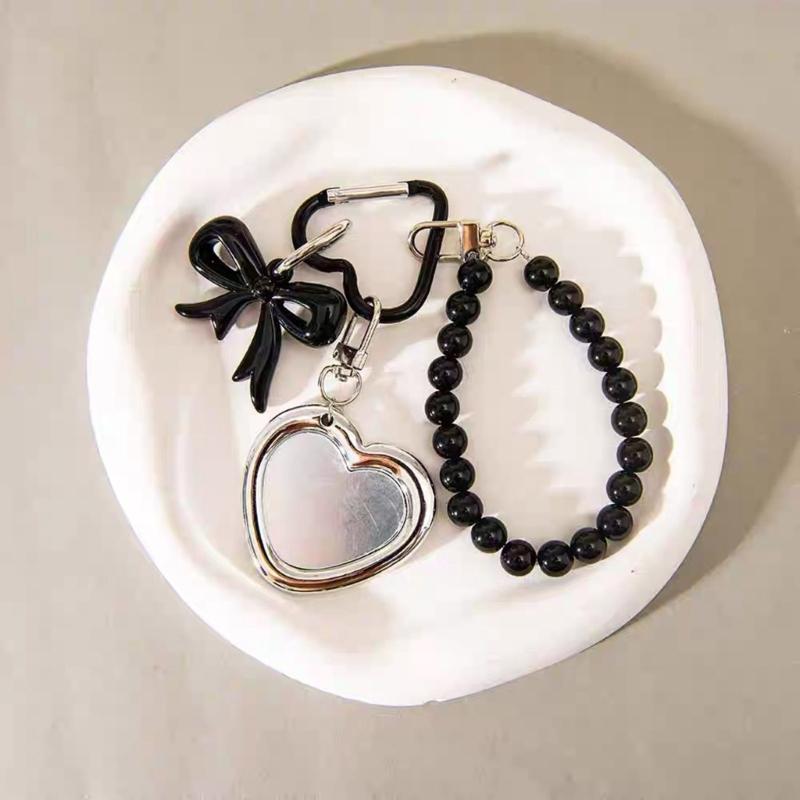Bowknot Decorated Heart Keychain Mirror Jewelry Beauty Tool Gift For Friend Sisters Birthday Christmas Present