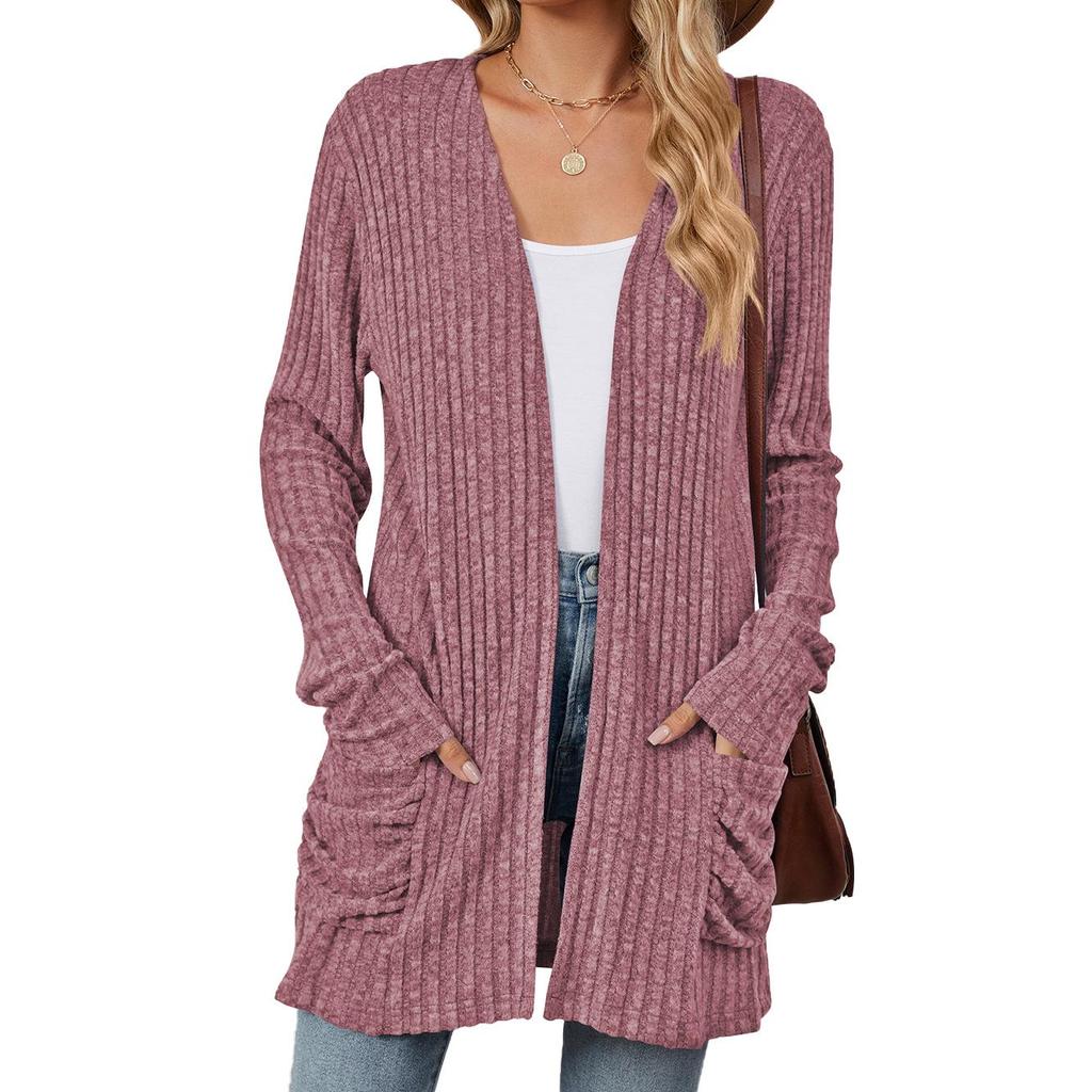 2024 Autumn/Winter Solid Color Long-Sleeve Pocket Cardigan Knitwear