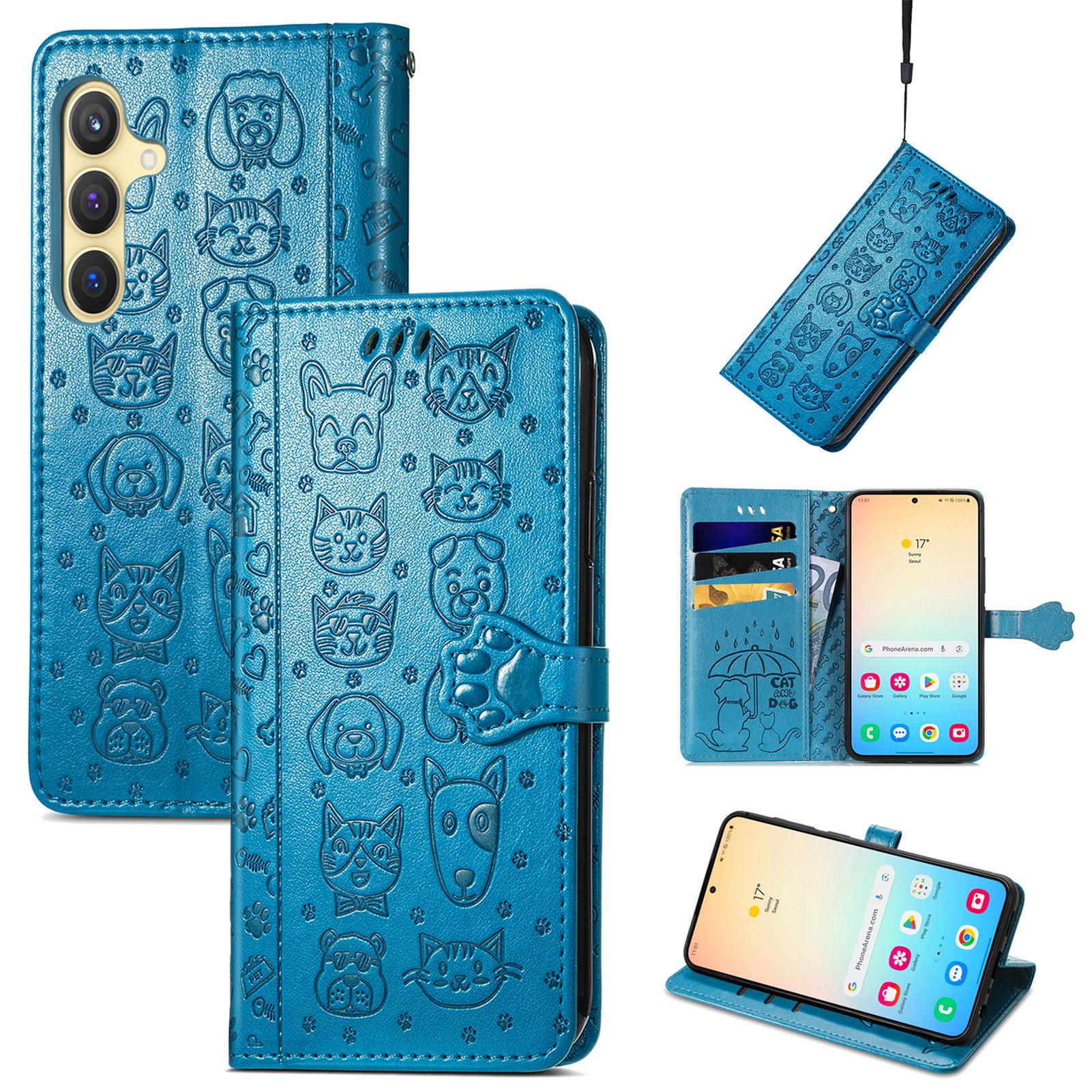 

For Samsung Galaxy S25 Leather Wallet Case Flip Phone Cover with Cute Cat Dog Pattern Blue