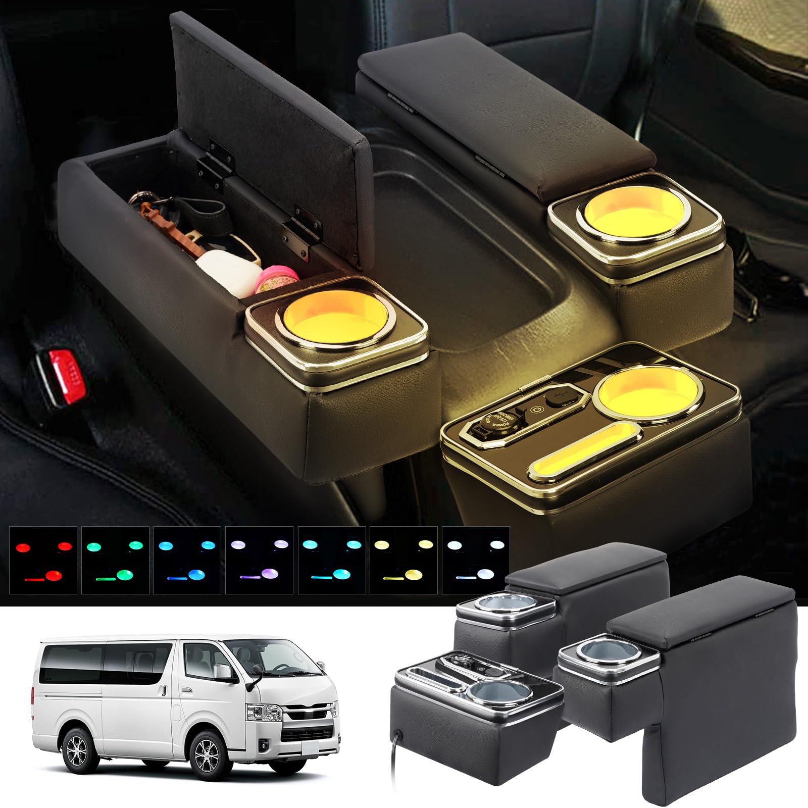 

BUYFULL Console Box for Toyota Ace 200 Set of Breathing PU Center Console Storage with Small Item H200 Series GL 2004 Hiace/Regius Series, 3, Lamp,