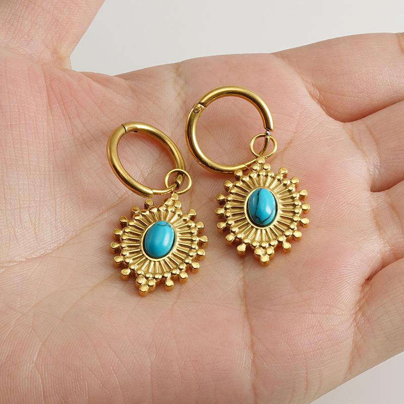 Stainless Steel Blue Turquoise Sunflower Earrings – Simple Retro Design for Women