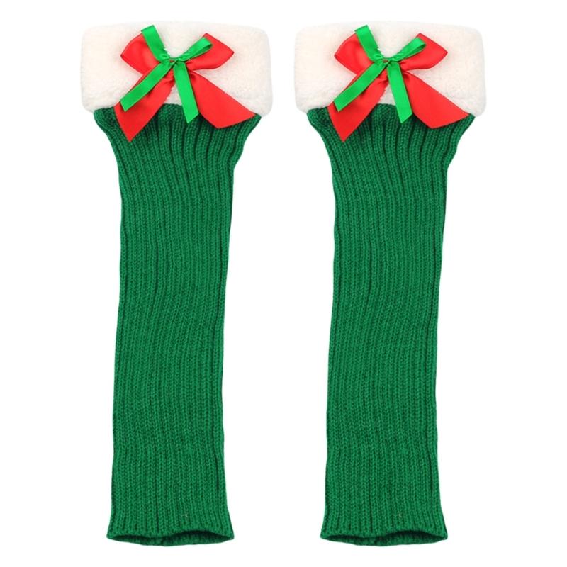 Ribbed Knitted Christmas Boot Cuffs for Women Sweet Bowknot Festival Plush Trim Leg Warmers Calf Socks for Cold Weather