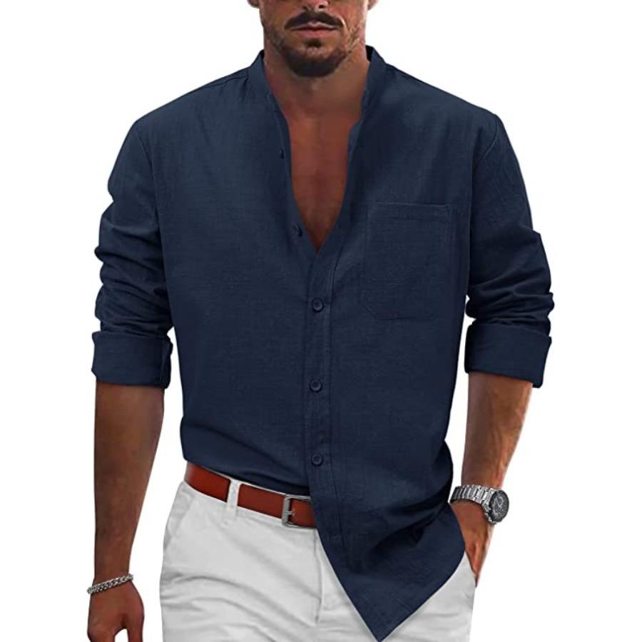 Spring Autumn Top Standing Collar Men's Clothing Solid Color Long Sleeve Button Men's Cotton Linen Shirt