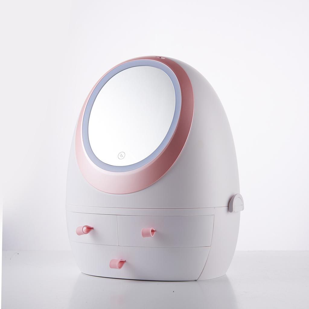 Osvetlený LED kozmetický úložný box so zrkadlom, zásuvkový, prenosný organizér, prachotesné puzdro na make-up, na kozmetiku na starostlivosť o pleť, na toaletný stolík