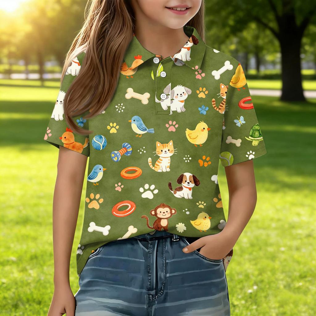 Kids Casual Short Sleeve Polo Shirt Animal Print Lightweight Soft Fabric Breathable Summer Top for Boys Girls