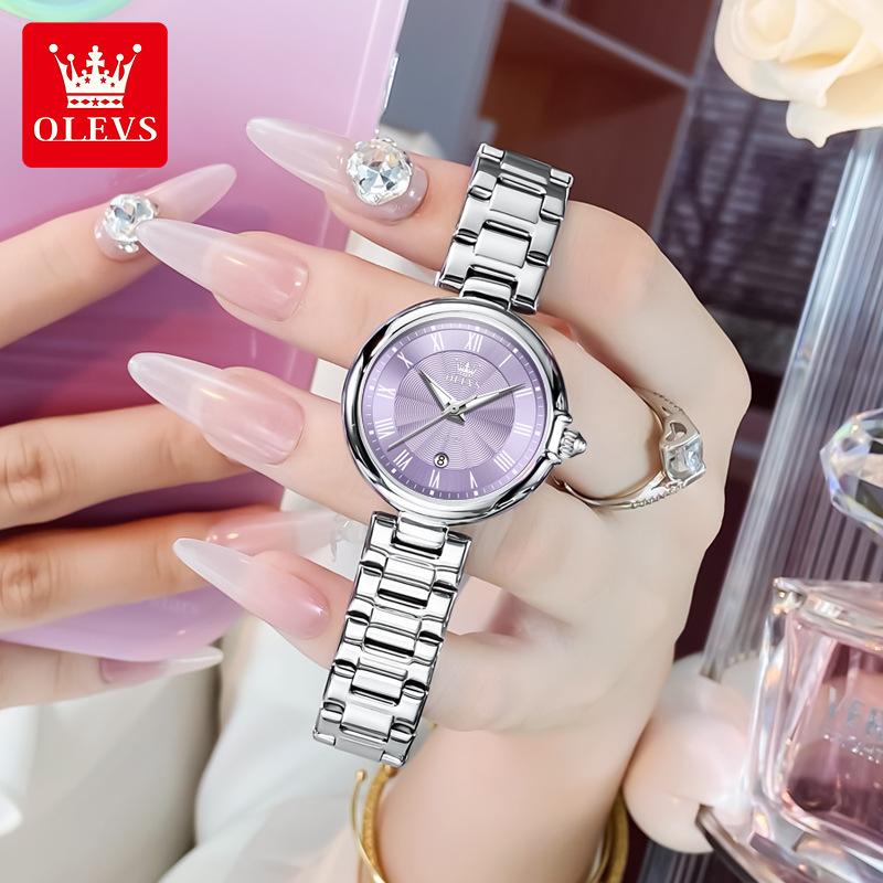 

OLEVS Женские часы с римской шкалой и автоматической датой, изысканный маленький циферблат из нержавеющей стали, водонепроницаемые, элегантные, НОВЫЕ женские часы фиолетовый