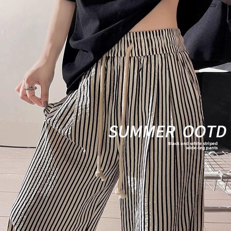 Striped Wide-leg Pants for Women, Summer Korean Style New Casual Pants, Casual and Slimming, Elastic Waist, Loose and Draping, Floor-length
