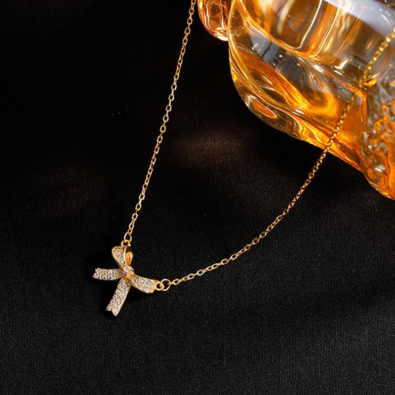 Trendy Fine Gold Color Bowknot Rhinestone Chain Pendant Necklace For Women Temperament Jewelry Shiny Crystal Wedding Gift