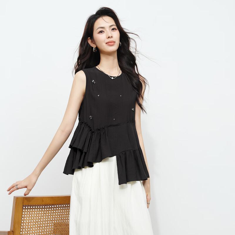 Women s Beaded Ruffled Hem Sleeveless Top XL чёрный