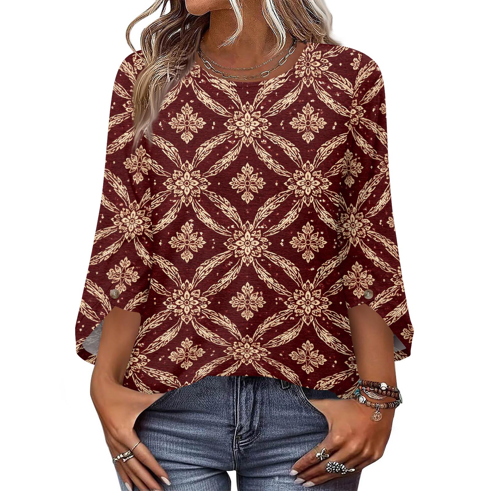 

Womens Tops 3/4 Length Sleeve Dressy Casual Blouses For Women Trendy Round Neck T Shirts XL винний