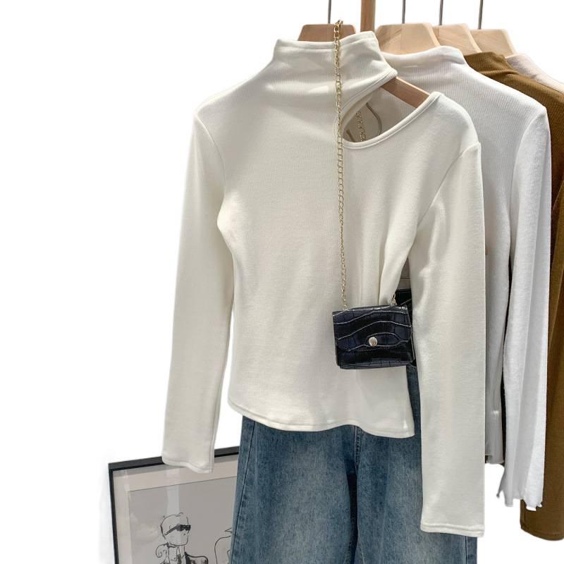Koreanisches Schlank geschnittenes High-Neck-T-Shirt mit Aussparungen, weiß, langärmlig - Herbst/Winter 2025