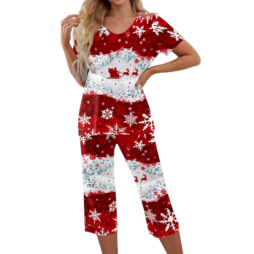 Women's Christmas Print Two Piece Athletic Outfit Short Sleeve Top and Casual Pants