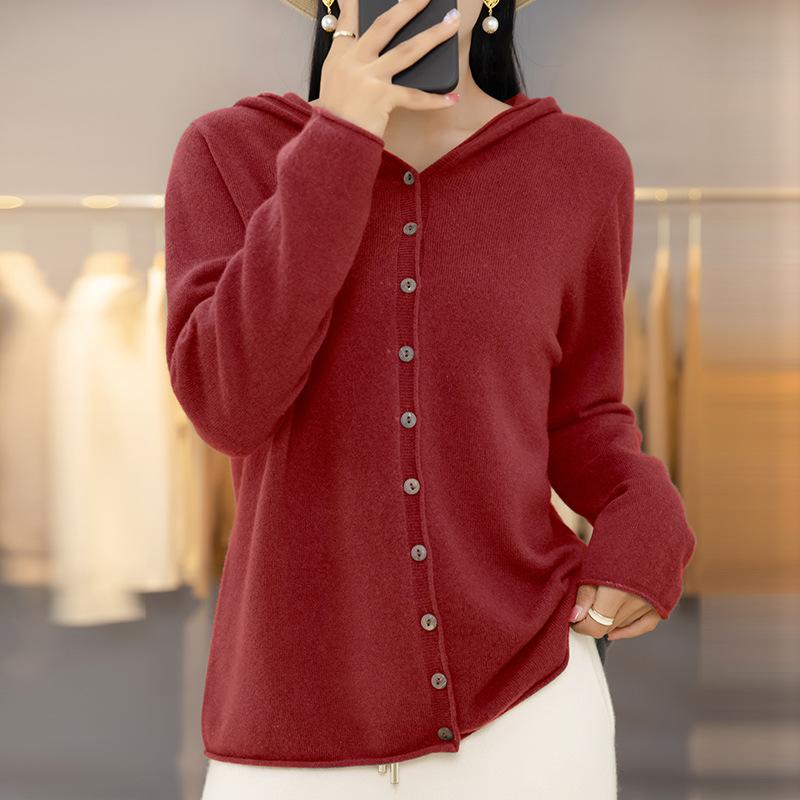 Frühling Herbst Einreiher Strick Cardigan Damen Mit Kapuze Einfarbig Pullover Mantel Locker Schlank Lässig Vielseitig Langarm Strickware