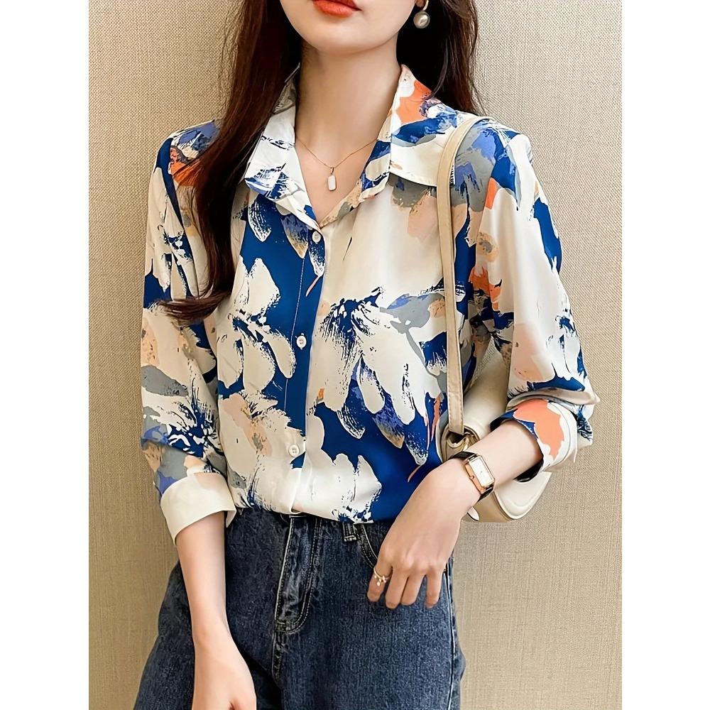 Women's Casual Vacation Style Full Print Long Sleeve Shirt, Spring and Autumn
